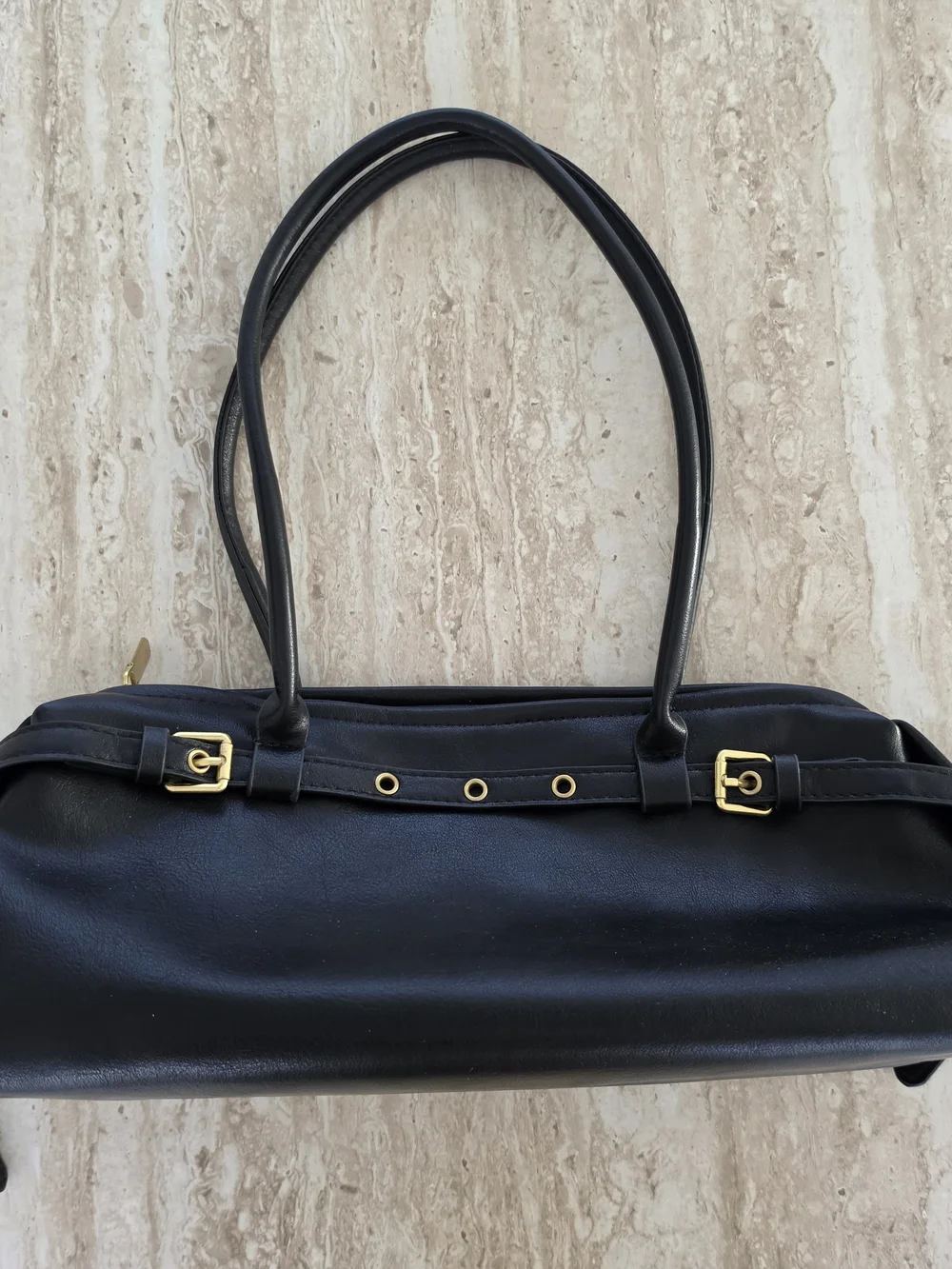 Black Leather Shoulder Bag with Gold Accents